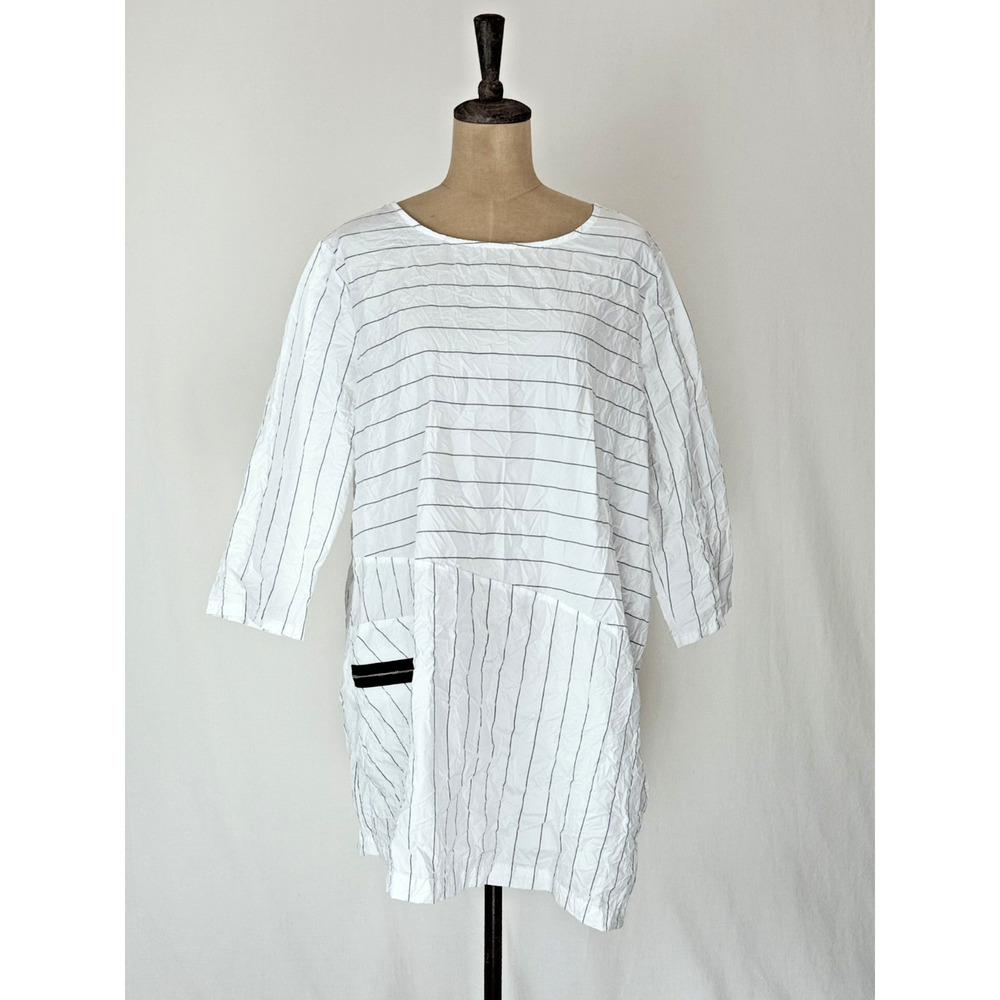 CHALET USA XL White & Black Striped Crinkle Tunic Top BOUTIQUE XL #0073